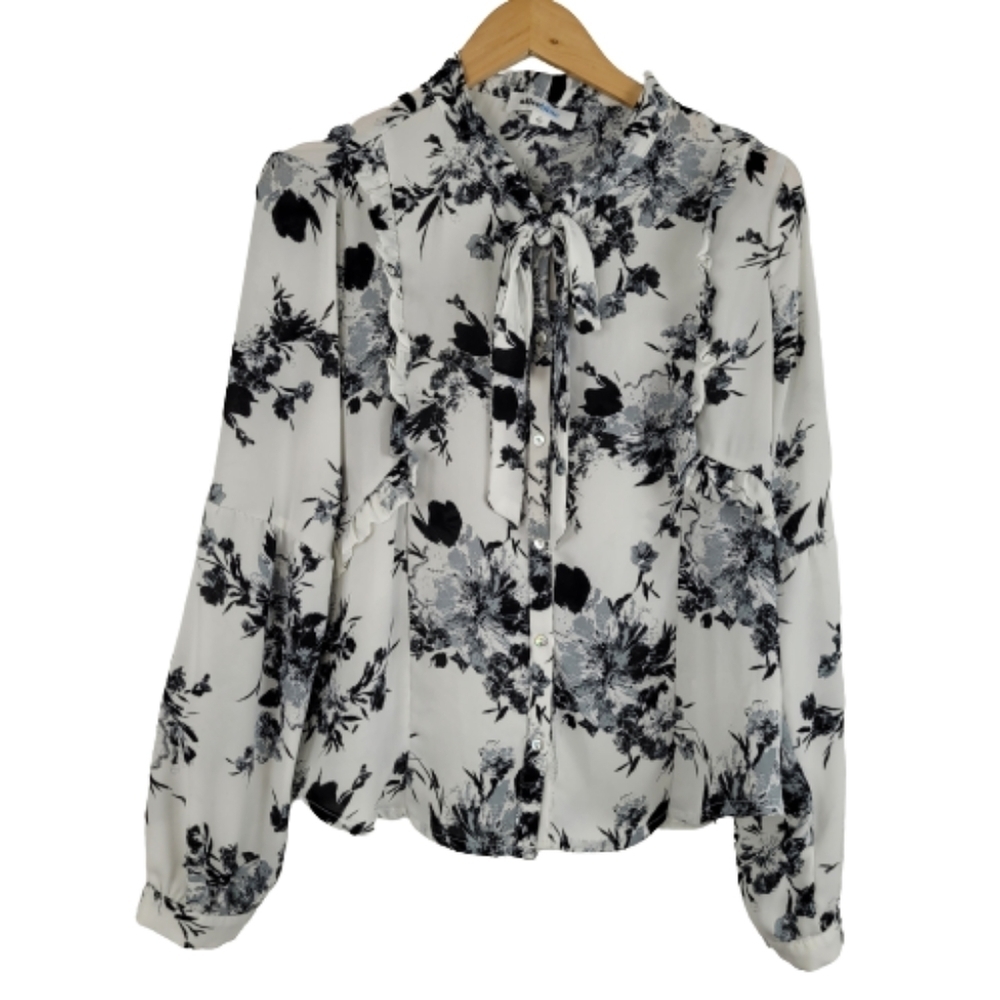 Alice blue floral button down front tie top
